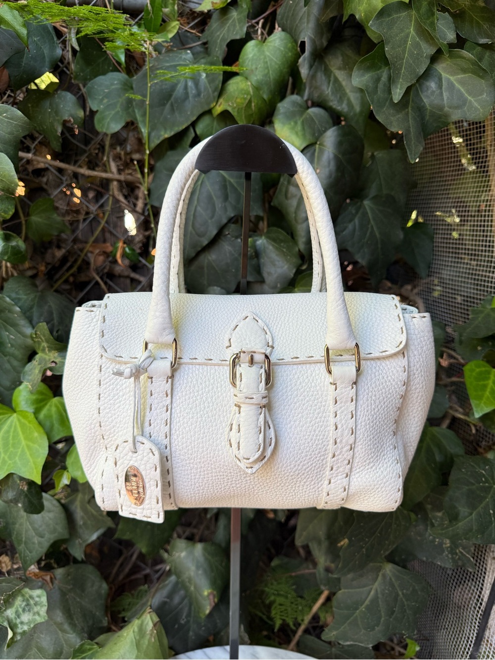 NWT Fendi ‘Selleria Linda’ White Calfskin Leather Bag with Tan Stitching